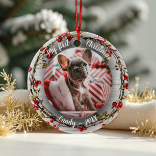 Dog Pet First Christmas Photo Red Berry Wreath Ceramic Tree Decoration