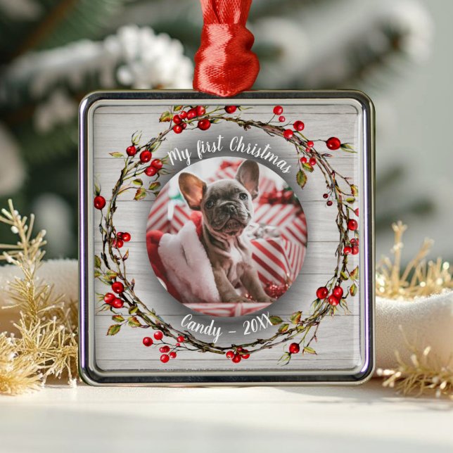 Dog Pet First Christmas Photo Rusti Wreaths Metal Tree Decoration (Creator Uploaded)