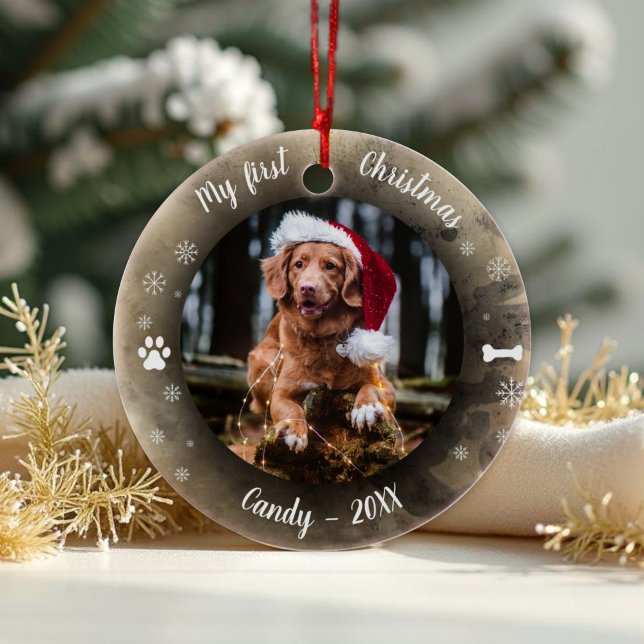 Dog Pet First Christmas Photo Rustic Animal Print  Ceramic Tree Decoration (Creator Uploaded)