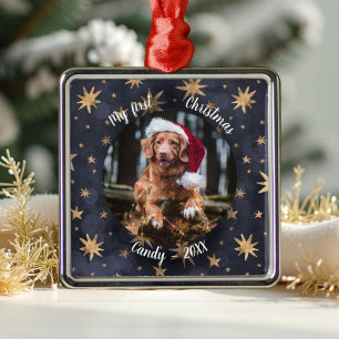 Dog Pet First Christmas Photo Rustic Messy Stars C Metal Tree Decoration