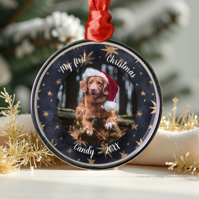 Dog Pet First Christmas Photo Rustic Messy Stars Metal Tree Decoration (Creator Uploaded)