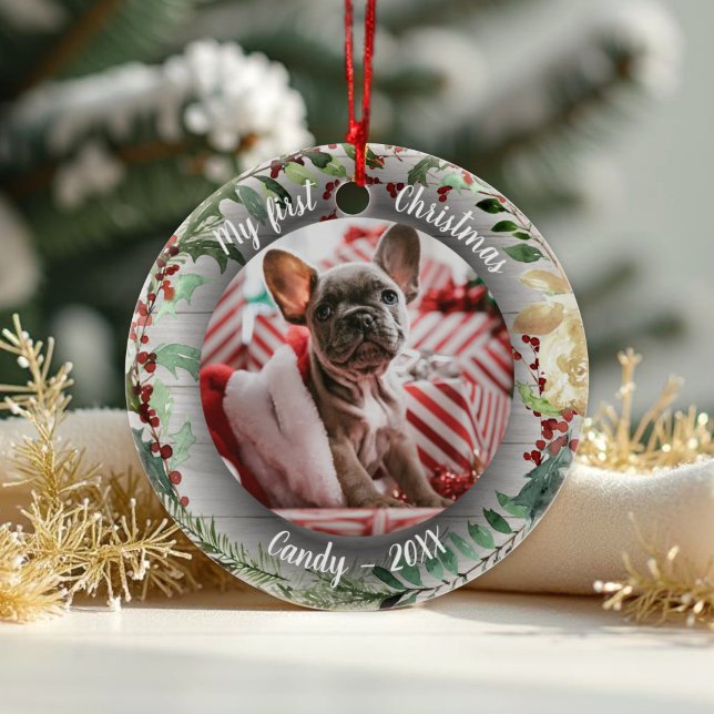 Dog Pet First Christmas Photo Winter Wreath Ceramic Tree Decoration (Creator Uploaded)