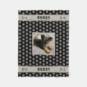 Dog Pet Lover Photo Paw Print Black Grey Fleece Blanket