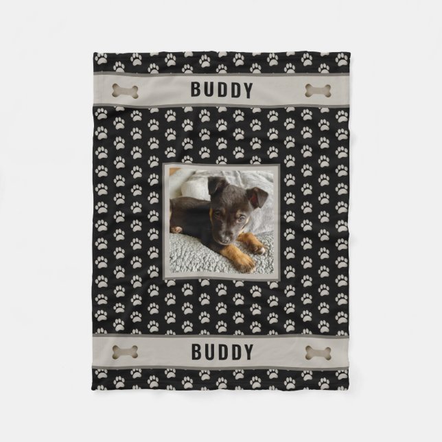 Dog Pet Lover Photo Paw Print Black Grey Fleece Blanket (Front)
