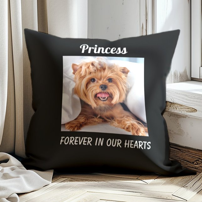 Dog Pet Memorial Remembrance Forever Hearts Black Cushion (Pet memorial photo pillow)