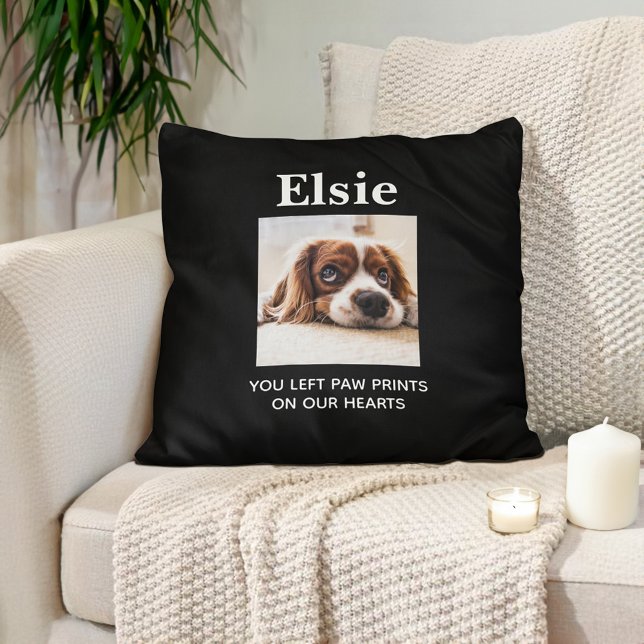 Dog Pet Memorial Remembrance Pawprints Hearts Cushion (Pet memorial photo pillow, customizable with your pet's photo and name.)