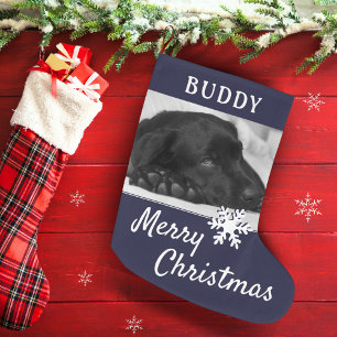 Dog Pet Name Photo Snowflake Dark Blue Large Christmas Stocking