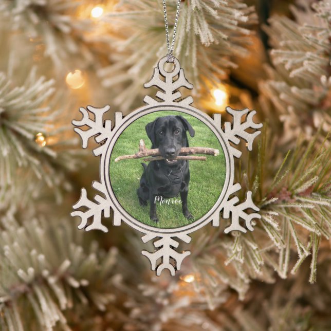 Dog Pet Personalised Name and Photo Snowflake Pewter Christmas Ornament (Tree)