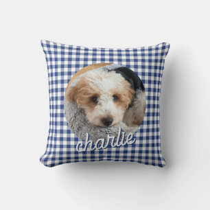 Dog Pet Personalised Photo Name Blue Plaid Cushion