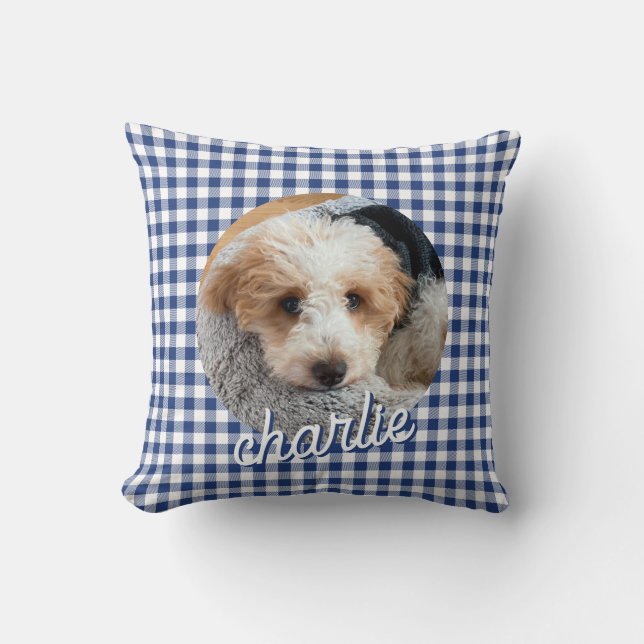 Dog Pet Personalised Photo Name Blue Plaid Cushion (Front)