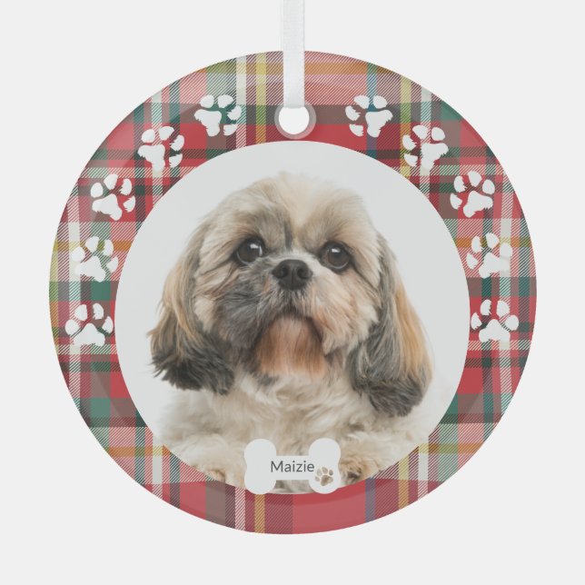 Dog Pet Photo Christmas Holiday Shih Tzu Custom Glass Tree Decoration (Front)