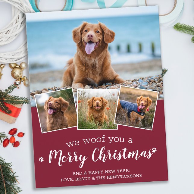 Dog Pet Photo Collage We Woof You Merry Christmas  Holiday Postcard (Creator Uploaded)