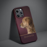 Dog Pet Photo Golden Retriever Personalized Name Case-Mate iPhone 14 Pro Max Case<br><div class="desc">Dog Pet Photo Golden Retriever Personalized Name iPhone 14 Pro Max Smart Phone Cases features features your favorite pet or dog photo with your personalized name in golden script typography on a deep burgundy red background. Perfect gift for Christmas, birthday, holidays, Mother's Day, Father's Day, dog and pet lovers. Designed...</div>