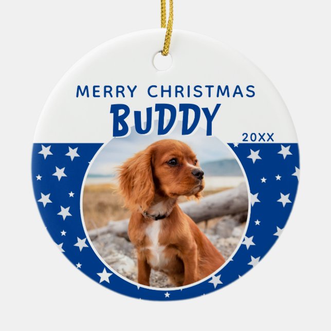 Dog Pet Photo Merry Christmas Blue Star Pattern  Ceramic Tree Decoration (Front)