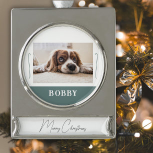 Dog Pet Photo Minimalist Merry Christmas Silver Plated Banner Ornament