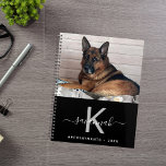 Dog pet photo monogram black planner<br><div class="desc">A chic black background. Personalise and add your own photo, a name, monogram letter and a year. The name is written in white with a large modern hand lettered style script with swashes. To keep the swashes only delete the sample name, leave the spaces or emoji's in front and after...</div>