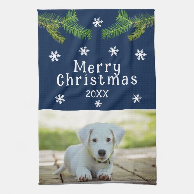 Dog Pet Photo Pine Snowflakes Merry Christmas  Tea Towel (Vertical)