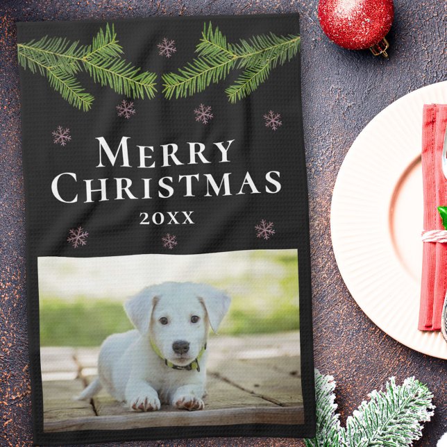 Dog Pet Photo Pine Snowflakes Merry Christmas Tea Towel (Creator Uploaded)