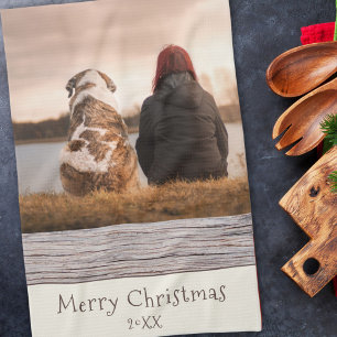 Dog Pet Photo Rustic Wood Merry Christmas Tea Towel