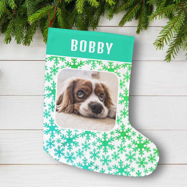 Dog Pet Photo Snowflake Snow Pattern Large Christmas Stocking (Creator Uploaded)
