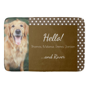 Dog Photo and Family Name Polka Dot Brown Bath Mat