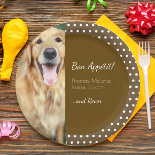 Dog Photo and Family Name Polka Dot Brown Paper Plate