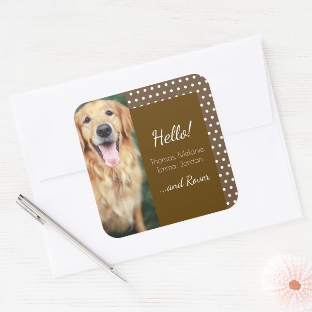  Dog Photo and Family Name Polka Dot Brown Square Sticker (Envelope)