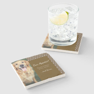 Dog Photo and Family Name Polka Dot Brown Stone Coaster