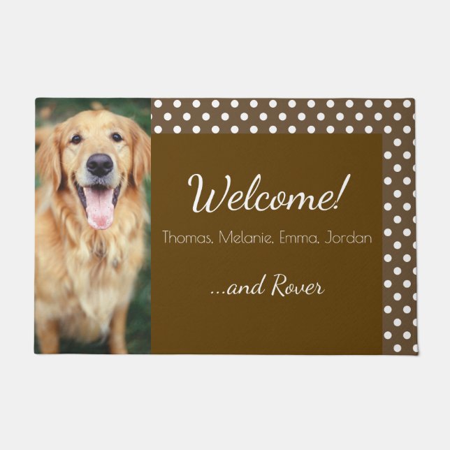 Dog Photo and Family Name Polka Dot Brown Welcome Doormat (Front)