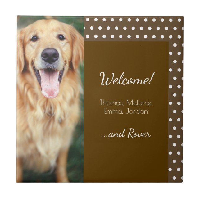 Dog Photo and Family Name Polka Dot Brown Welcome Tile (Front)