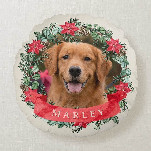 Dog Photo and Name Poinsettia Wreath Holiday Plaid Round Cushion (Front)