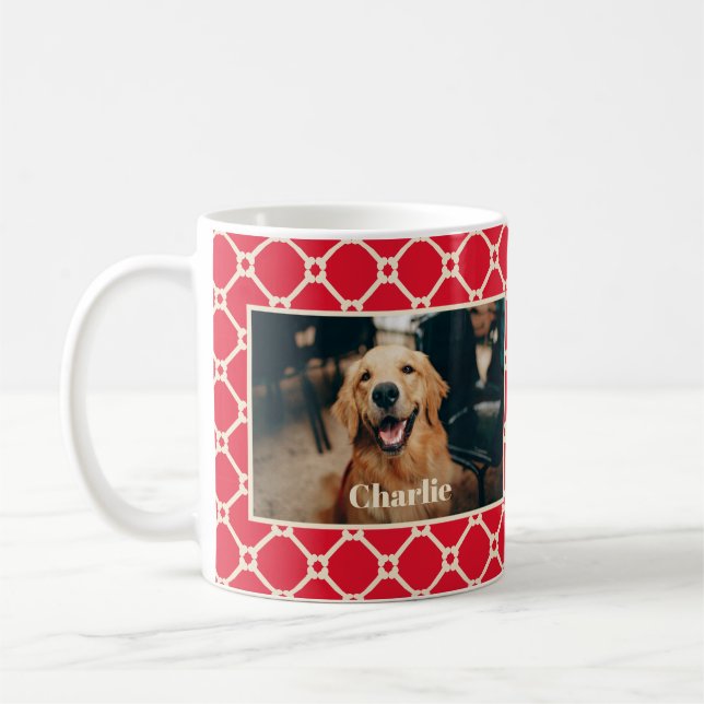 Dog Photo and Name Red Diamond Chequered Pattern Coffee Mug (Left)