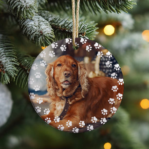 Dog Photo and Paw Prints Pet Lover Holiday Keepsak Ceramic Tree Decoration