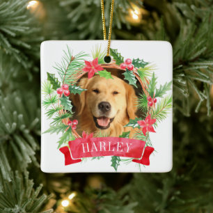 Dog Photo Christmas Pine Wreath Personalised Ceramic Ornament