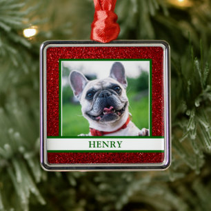 Dog Photo Christmas Red Glitter Name Metal Tree Decoration