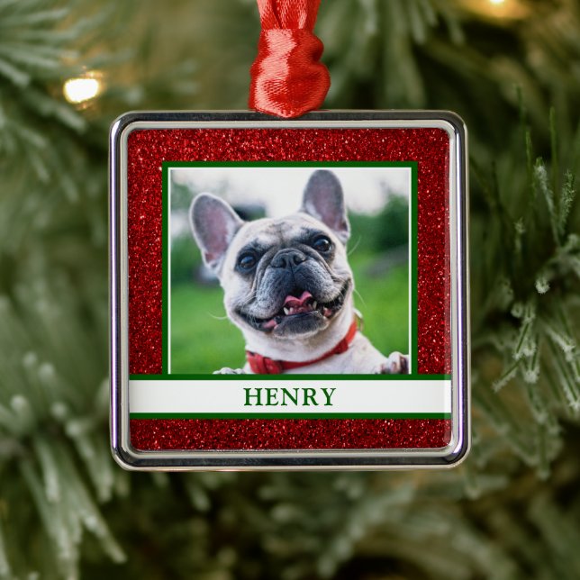 Dog Photo Christmas Red Glitter Name Metal Tree Decoration (Tree)