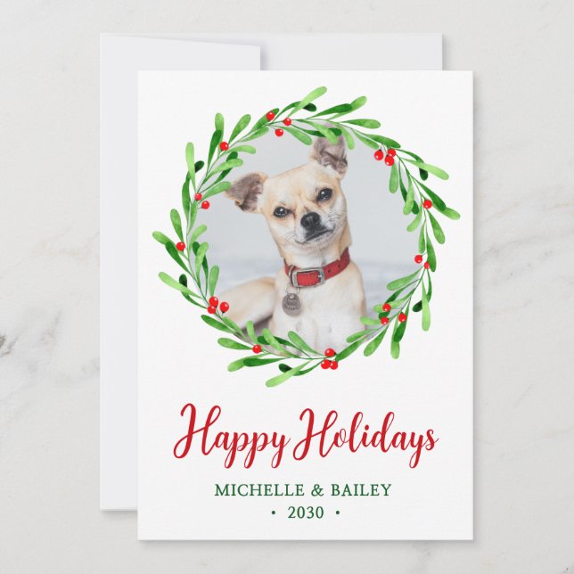 Dog Photo Christmas Wreath Holiday Card (Front)