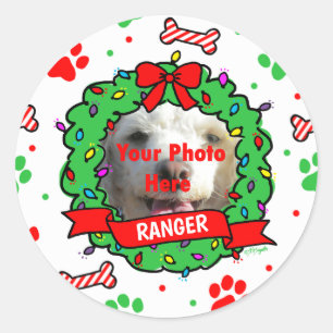 Dog Photo Christmas Wreath Pattern Classic Round Sticker