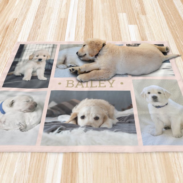 Dog Photo Collage Cute Simple Blush Pink and Gold Fleece Blanket (Creator Uploaded)