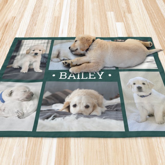 Dog Photo Collage Cute Simple Green and White Fleece Blanket (Creator Uploaded)