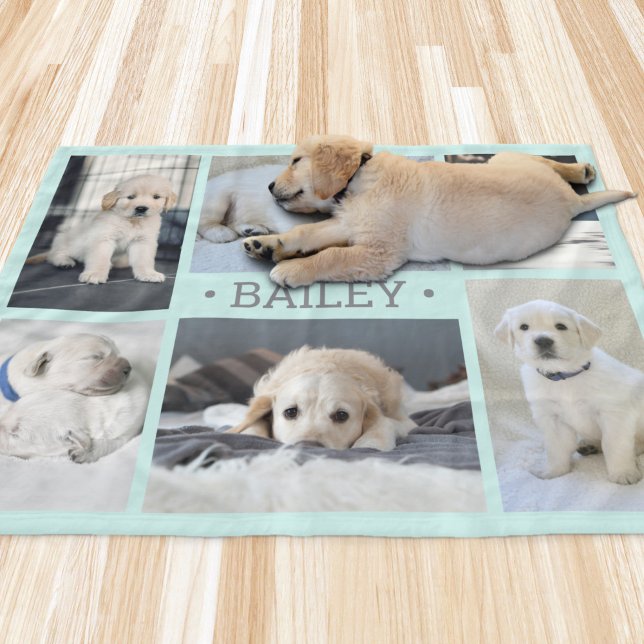 Dog Photo Collage Cute Simple Teal Blue and Grey Fleece Blanket (Creator Uploaded)
