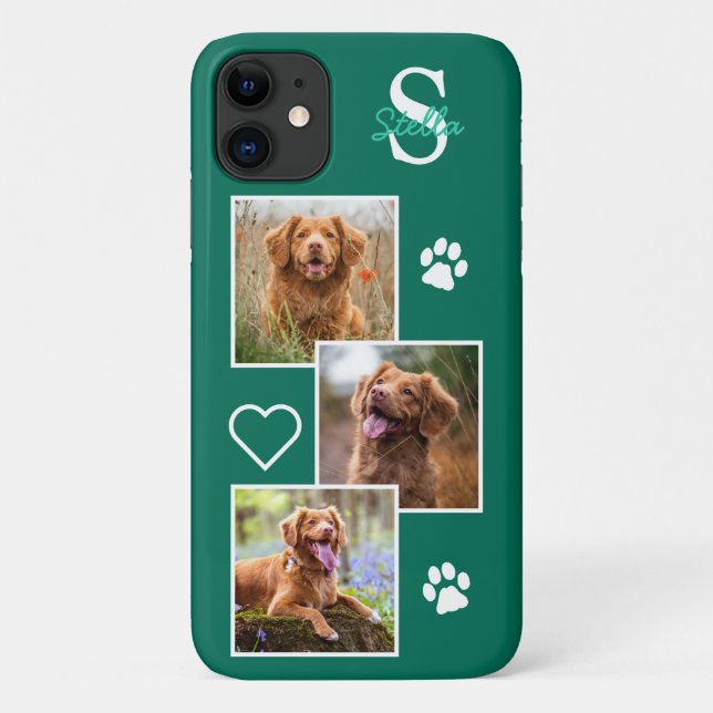 Dog Photo Collage Monogram Green Pet Case-Mate iPhone Case (Back)