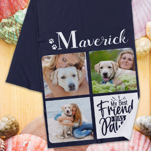 Dog Photo Collage Personalised Monogram Navy Blue Beach Towel