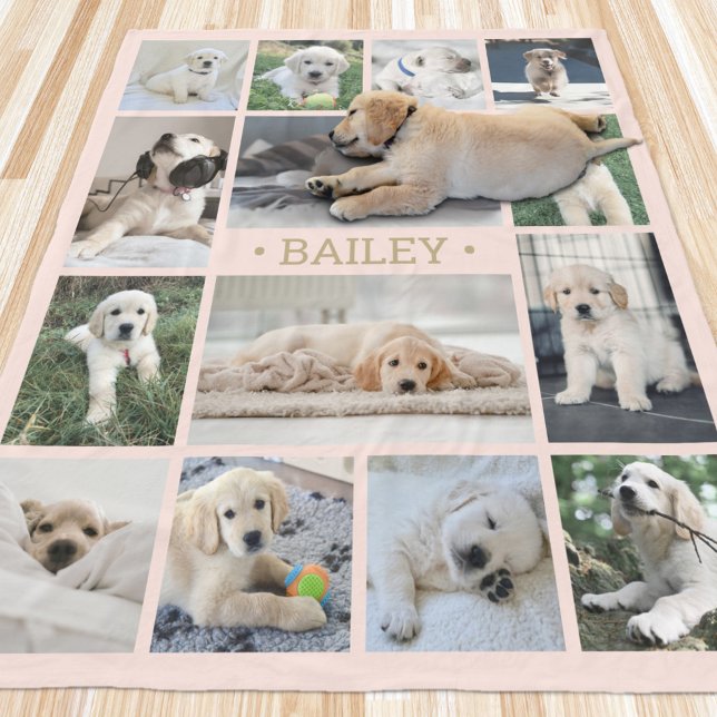 Dog Photo Collage Simple Modern Blush Pink & Gold Fleece Blanket (Creator Uploaded)