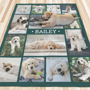 Dog Photo Collage Simple Modern Green and White Fleece Blanket
