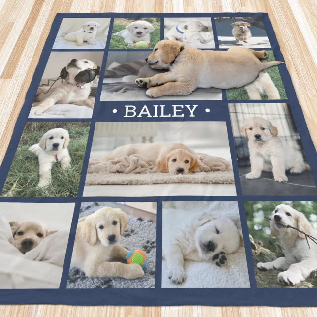 Dog Photo Collage Simple Modern Navy Blue & White Fleece Blanket Zazzle