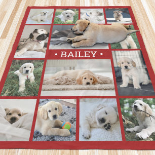 Dog Photo Collage Simple Modern Red and White Fleece Blanket