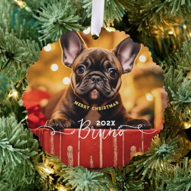 Dog Photo Custom Name and Text Tree Decoration Card (Insitu (Tree))