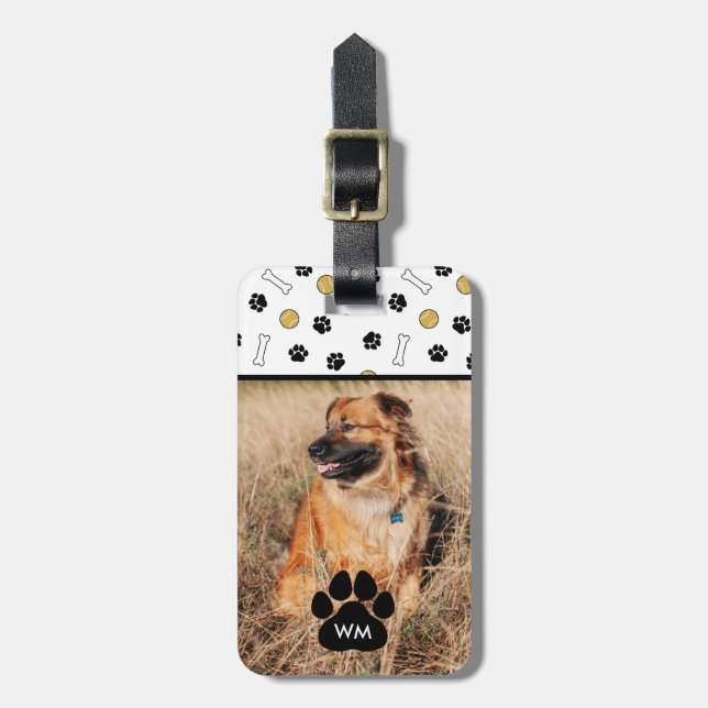 Dog Photo & Dog Themed Pattern Monogram Luggage Tag (Front Vertical)