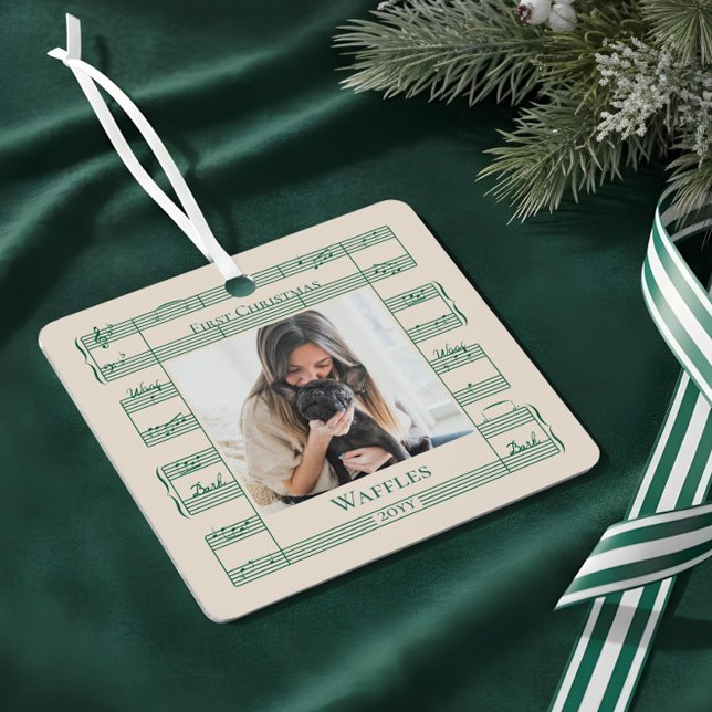 Dog Photo First Christmas Woof Woof Sheet Music Metal Tree Decoration (Dog Photo First Christmas Woof Woof Sheet Music Metal Ornament)